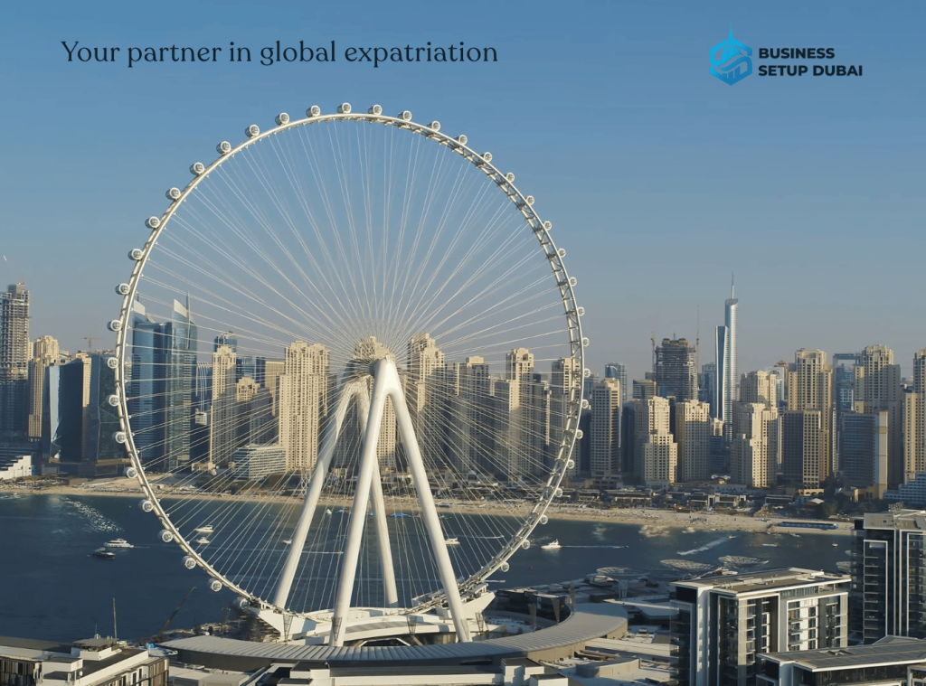 Dubai Marina skyline with Ain Dubai Ferris wheel, illustrating residential areas and housing options for expats moving to Dubai.