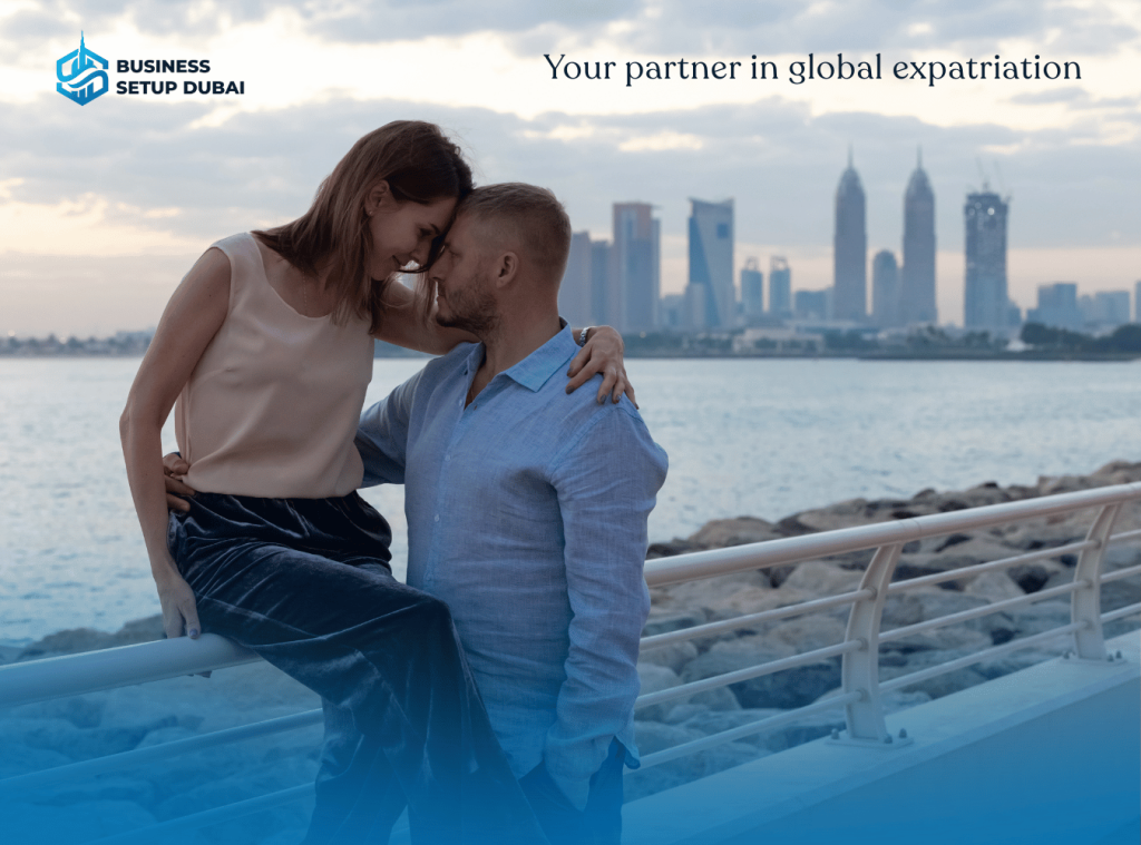 Couples living together in Dubai with the city skyline in the background, illustrating expat life and cohabitation in the UAE.