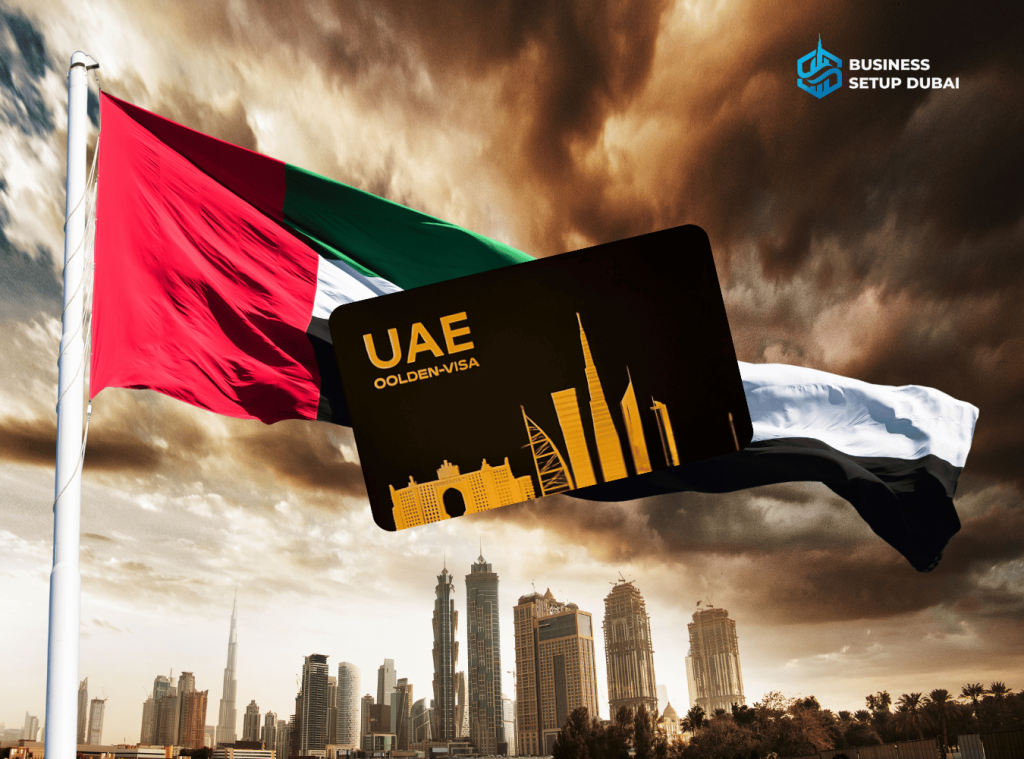 Dubai Golden Visa application represented by the UAE flag, the Golden Visa card, and the Dubai skyline.